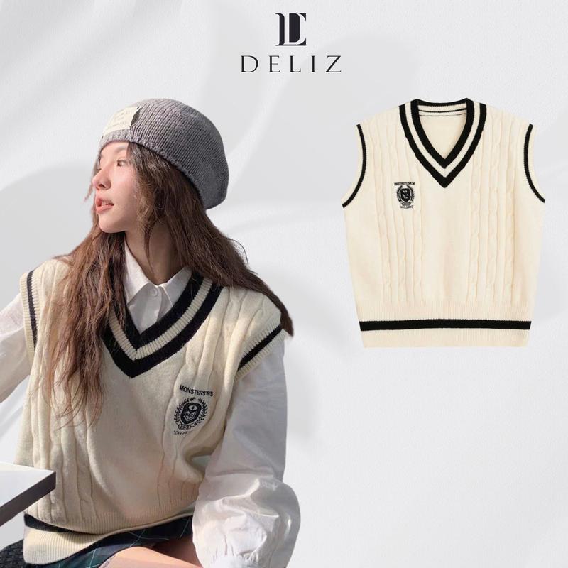 Áo gile cổ v thiết kế vặn thừng chất len cao cấp thêu logo basic DELIZ - GL4