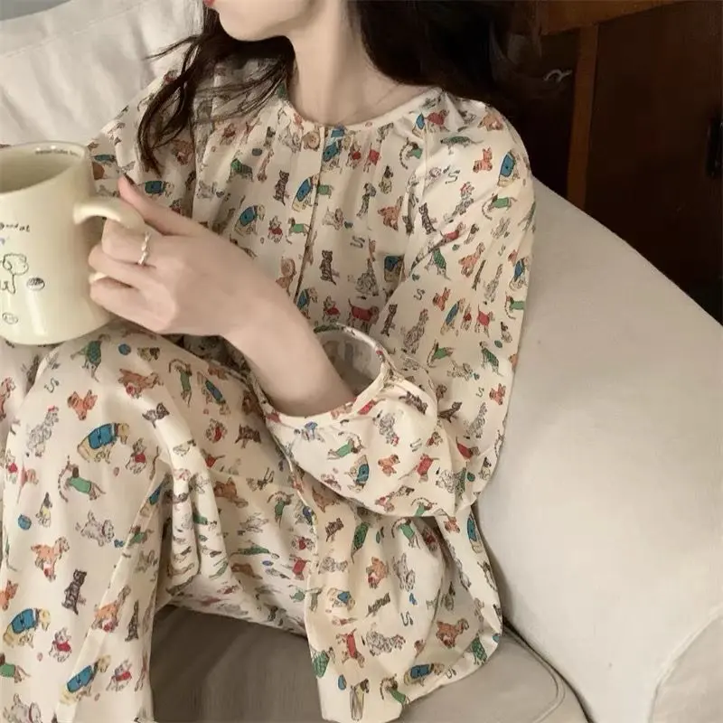 Bộ Đồ Ngủ Ngọt Ngào Phong Cách Nhật Bản, Phong Cách INS, Dành Cho Nữ, Bộ Sưu Tập Mùa Xuân Và Mùa Thu, Hàng Mới Về, Áo Cardigan Dài Tay, Thiết Kế Động Vật Hoạt Hình, Bộ Đồ Mặc Nhà