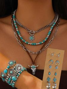 Conjunto de Joyería Boho Vintage con Textura Turquesa en Capas, Incluye Collar, Pulseras y Aretes, Joyería de Moda para Fiesta, Decoración de Ropa Diaria