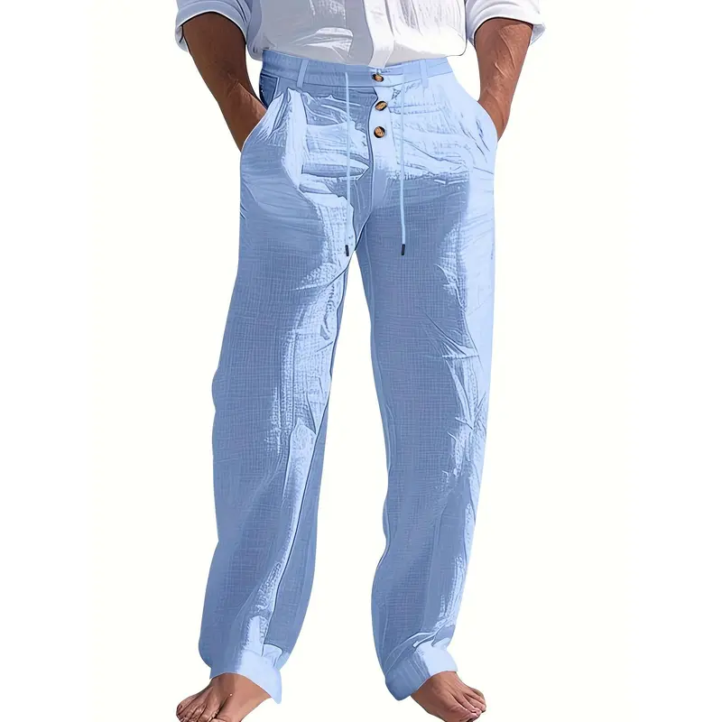 Men's Lightweight Linen Beach Pants -, Straight Leg, Solid with Drawstring Waist & Button Details for Spring/Summer Casual Wear, Outdoor Leisurewear |   Comfortable Leisurewear 7