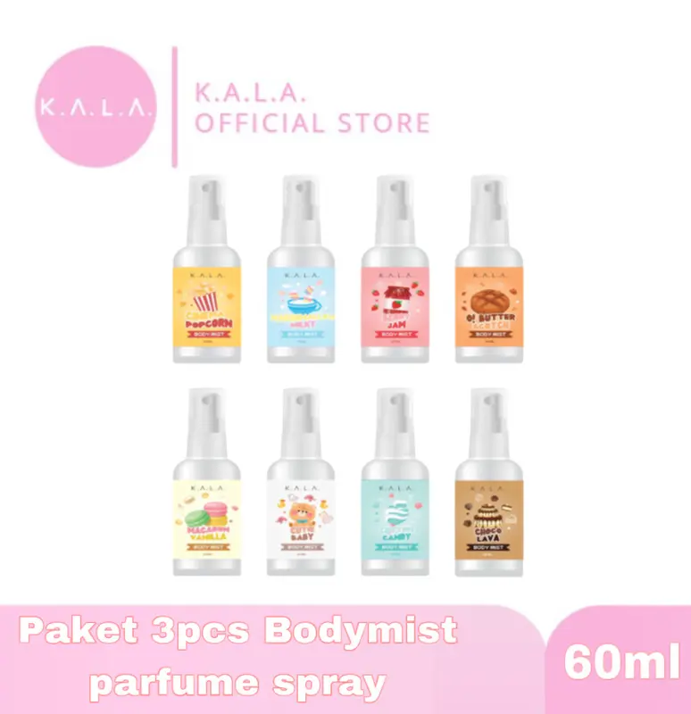 KALA Body Mist  Perfume  Paket 3pcs 60ml Spray Parfume Tahan Lama Vanilla Popcorn BPOM 0