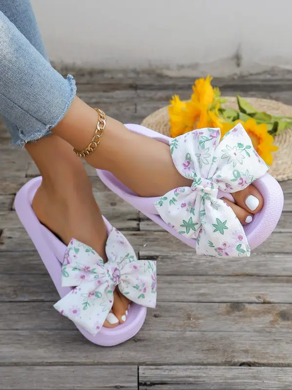 Women's Bowknot Design Flip Flops, Cute Casual Comfortable Home Slippers, Non-slip Slippers for Summer Indoor & Outdoor Wear, Girl 2