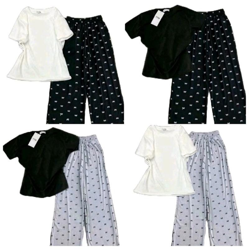 Tổng Hợp Sét Bộ Quần Nơ+Áo Phông CROPTOP trơn cộc tay chất Tăm lạnh siêu xinh 1