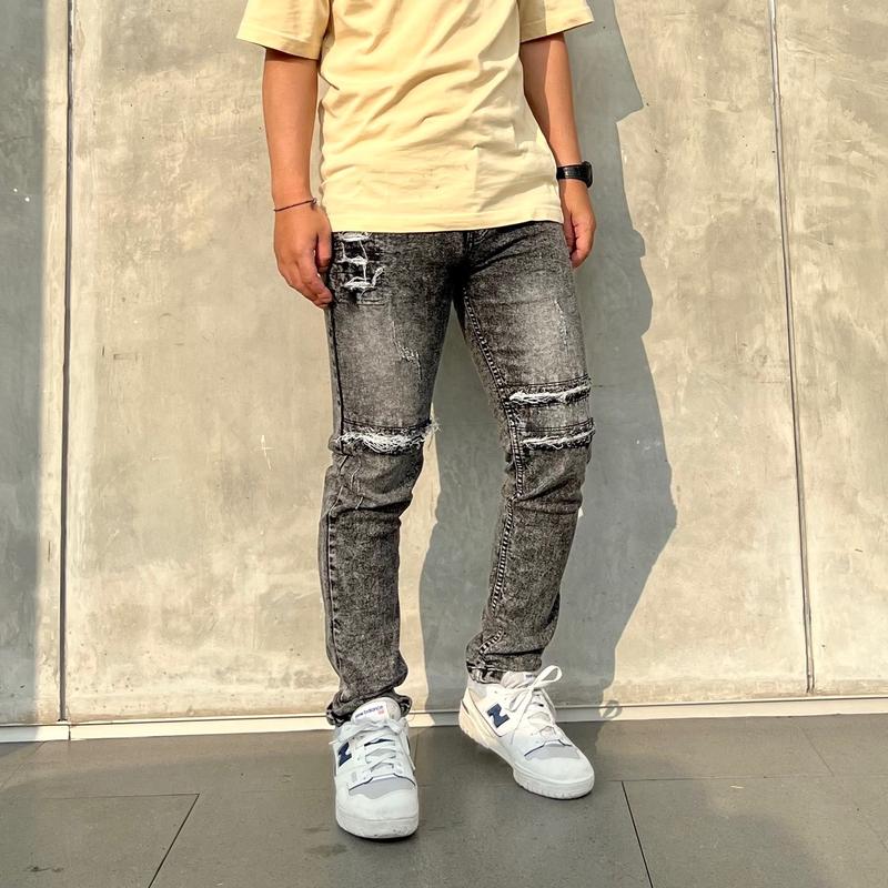 Celana jeans denim pria motif sobek straigh slim ripped Stretch Panjang Fit Slimfit Skinny 4
