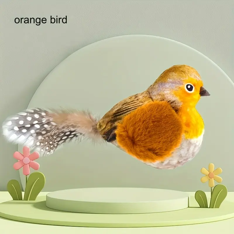 Interactive Simulation Sound Plush Bird Cat Toy, with Realistic Chirping, with Artificial Feather Synthetic Fiber Material and No Battery Required Cartoon Design Toy, Suitable for Indoor Cat Sports Interactive Bird Toy 8