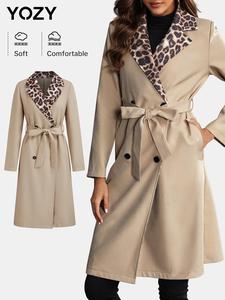YOZY Women's Patchwork Leopard Print Button Front Belted Trench Coat, Casual Long Sleeve Lapel Neckline Coat for Daily Wear, Ladies Clothes for All Seasons