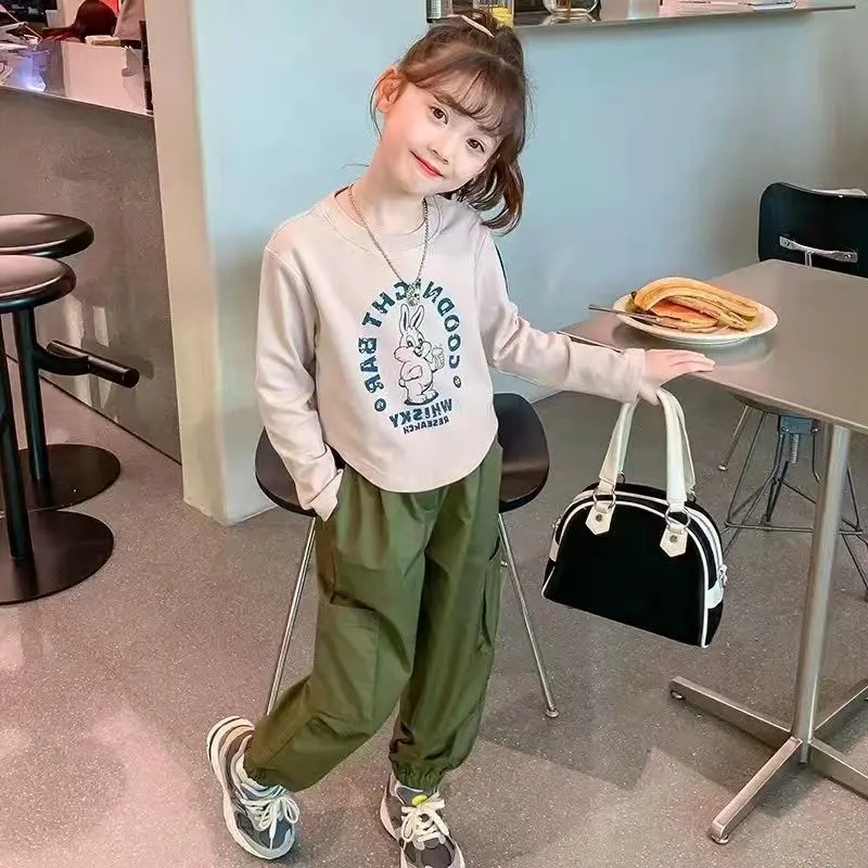 Korean Style Setelan Anak Perempuan Setelan Cargo T-Shirt Lengan Panjang+Celana Casual Fashion Style Anak Perempuan