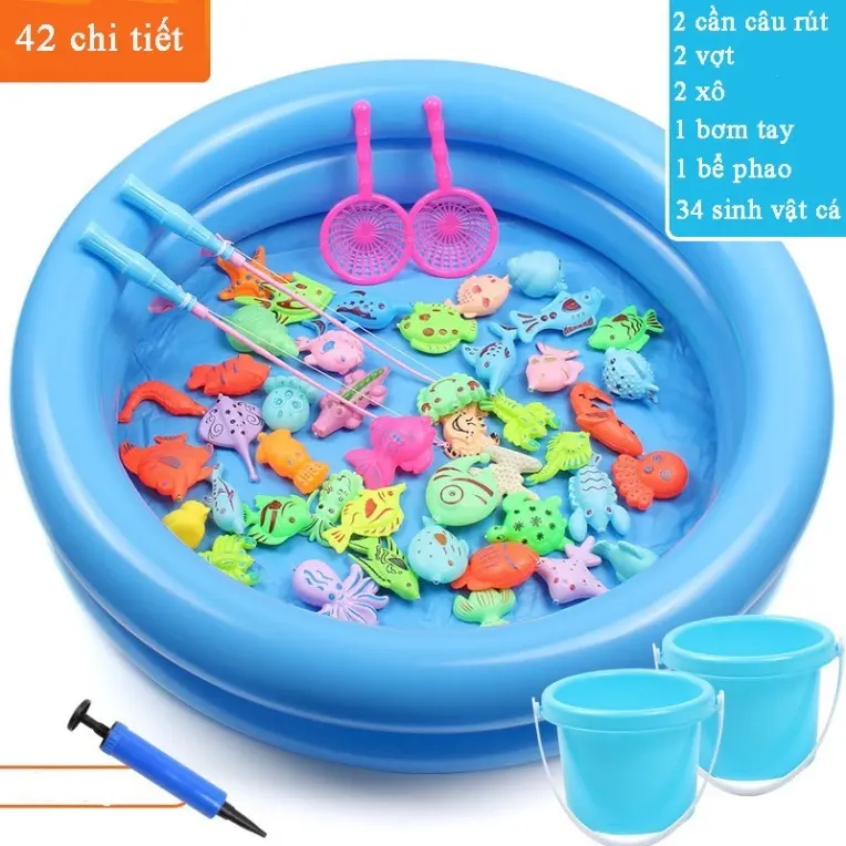 Đồ chơi câu cá 42 CHI TIẾT có gắn nam châm bao gồm 2 cần câu nhựa, bể phao 2 tầng cho bé