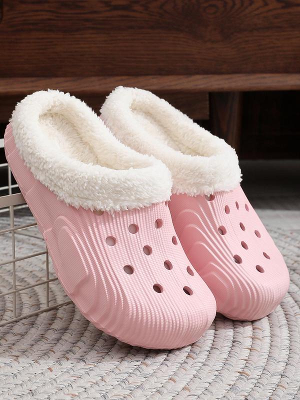 Plain Round Toe Slip-on Platform Clogs, Warm Fluffy Plush Lining Fluffy Warm Soft Platform Clogs, Hollow Out Slippers for Women, 2024 Comfort Shoe for Girl for Winter Footwear 7