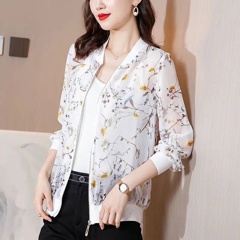 Sun Protection Clothing for Women Summer Thin Top 2024 New Korean Style Chiffon Printed Baseball Uniform Loose plus Size Short Coat