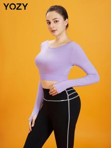 YOZY-GOOO Women's Plain Twist Backless Crop Tee, Casual Long Sleeve Scoop Neck T-shirt for Daily Wear, Ladies Clothes for All Seasons