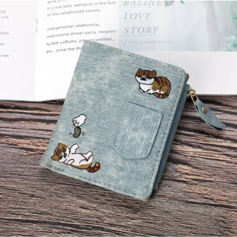 Jeans Style Wallet with Cat Embroidered Canvas Pattern Large Capacity Buckle for Phone Pocket Decoration Women's Bag