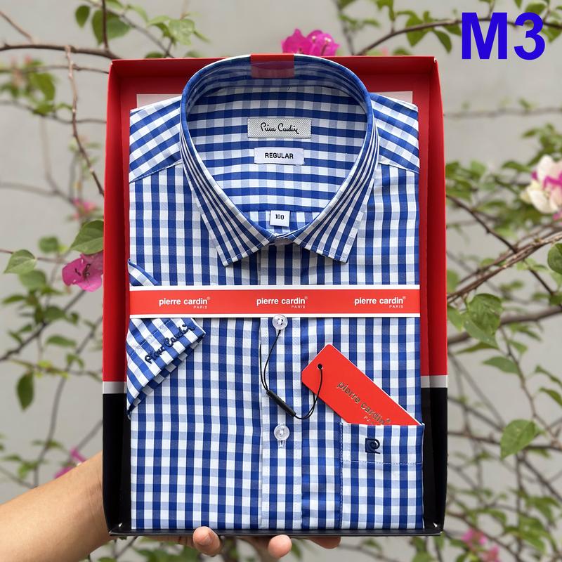 Áo Sơ Mi Pierre Cardin Ngắn Tay, Vạt Ngang, Cúc Dập Chữ, Áo Sơ Mi Nam Cao Cấp Vải Mềm Mát Nhẹ Không Nhăn