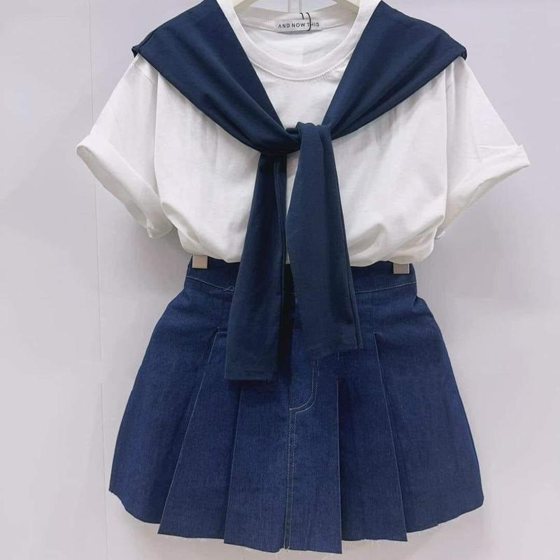 Sét bé gái chân váy jean 3 chi tiết chân váy jean xếp ly áo phông trơn kèm khăn rời cho mẹ và bé size từ 12 đến 60kg