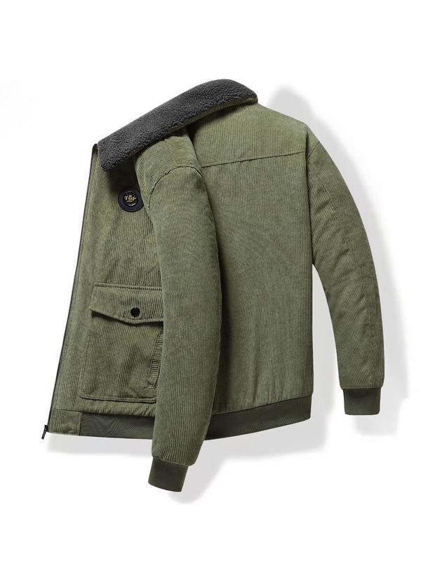 Men's Regular Fit Solid Patched Pocket Fleece Jacket, Casual Long Sleeve Zip Up Outerwear for Winter, Men's Clothes for Daily Wear 5