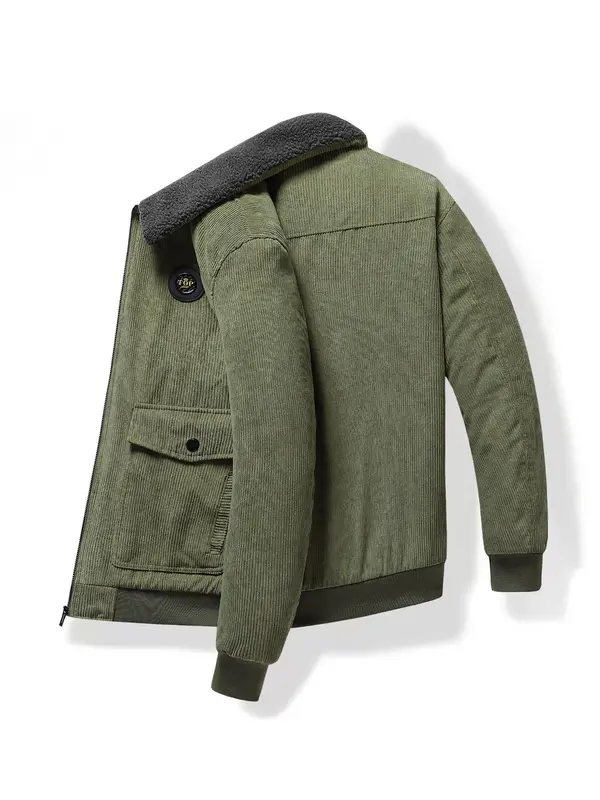 Men's Regular Fit Solid Patched Pocket Fleece Jacket, Casual Long Sleeve Zip Up Outerwear for Winter, Men's Clothes for Daily Wear 5