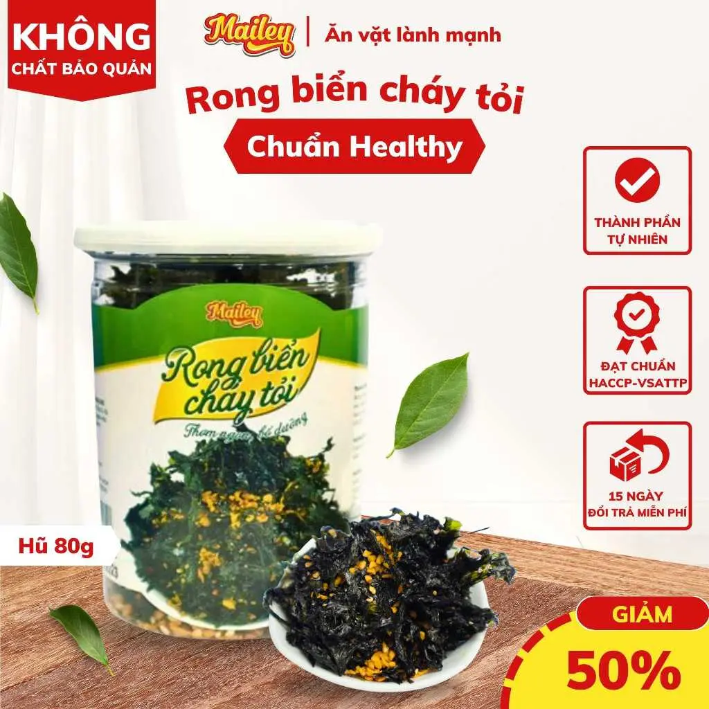 Rong biển cháy tỏi Mailey - Rong biển ăn liền, ăn vặt, trộn cơm thơm ngon giàu dinh dưỡng Hũ 80g