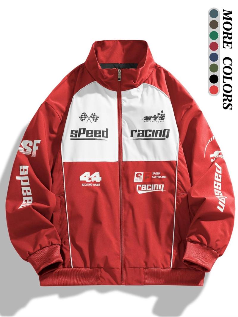Product Introduction of Men's Colorblock Letter Print Zip Up Jacket, Regular Fit Casual Pocket Funnel Neck Windproof Outerwear for Daily Wear, Men's Clothes for All Seasons, Jackets for Men, Men's Clothing 8
