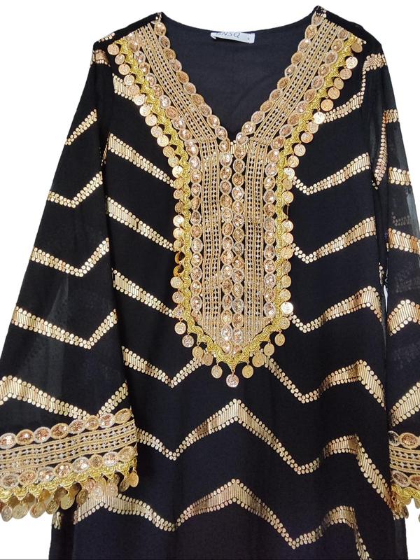 Arabic Clothing- Wave Pattern Hot Stamping Contrast Sequin Fringe Trim Dress, Elegant Long Sleeve V Neck Long Dress for Women, Women's Islamic Clothing for All Seasons, Modesty Dresses, Kameez 5