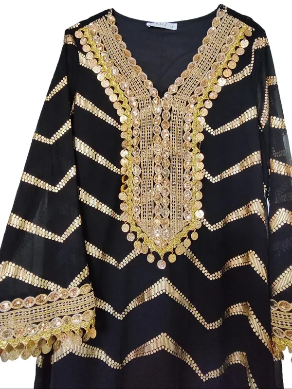 Arabic Clothing- Wave Pattern Hot Stamping Contrast Sequin Fringe Trim Dress, Elegant Long Sleeve V Neck Long Dress for Women, Women's Islamic Clothing for All Seasons, Modesty Dresses, Kameez 5
