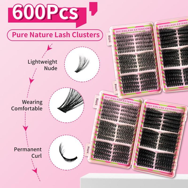 Eyelash Extensions Kit, 1 Set Eyelash Clusters with Eyelash Glue & Tweezers & Brush & Eyelash Curler & Makeup Tools, Eye Makeup Accessories, Cosmetic 2