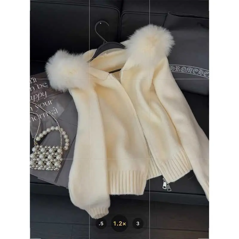 Áo Cardigan Dệt Kim, Phong Cách Pháp, Khâu Cổ Lông Nhẹ Nhàng, Có Mũ Trùm Đầu, Dài Tay, Dành Cho Nữ, Bộ Sưu Tập Thu Đông 2024 Hàng Mới Về, Áo Len Bó Sát Dễ Phối Đồ