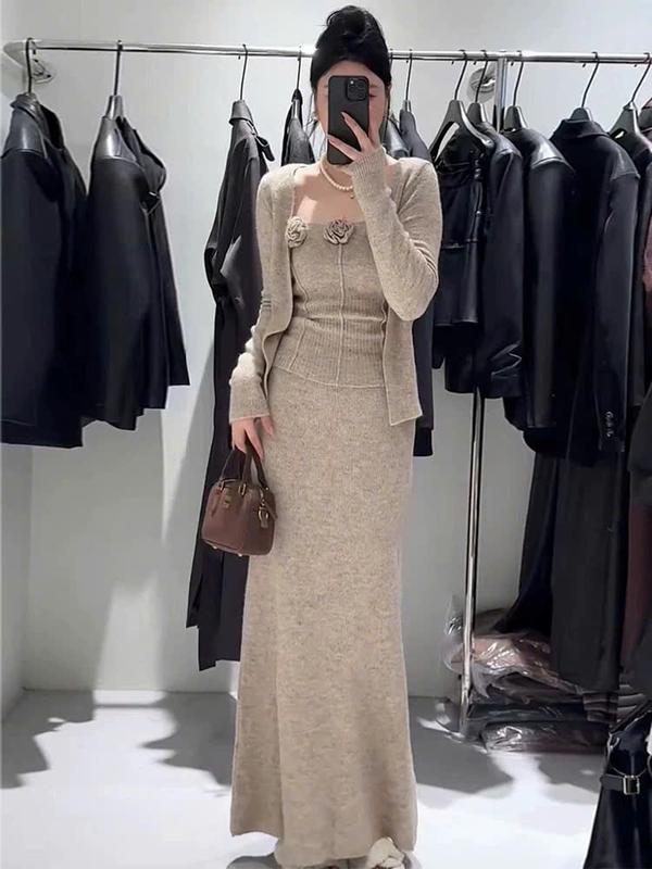 Set váy len tiêu nhiều màu đính hoa kèm áo khoác và chân váy dáng đuôi cá hàng quảng châu cao cấp cho nữ - Women