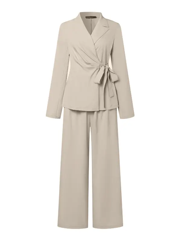Women's Solid Tie Front Wrap Lapel Neck Blazer & Pants Set, Casual Chic Long Sleeve Outerwear & Wide Leg Trousers, Women's Fall & Winter Clothes for Work Office Business, Elegant Suits, Corporate Outfits Women, Womenswear 8