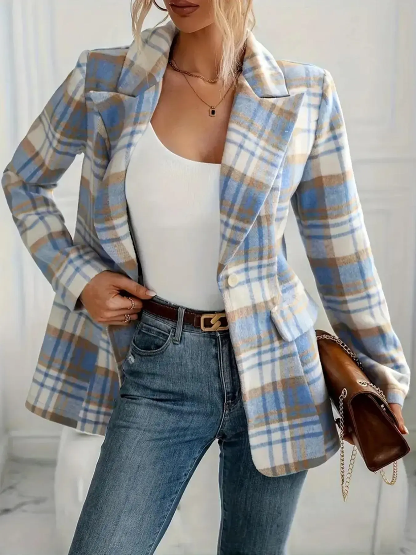 Women's Plaid Print Button Front Blazer, Casual Long Sleeve Lapel Neckline Blazer for Work Office Business, Ladies Fall & Winter Clothes