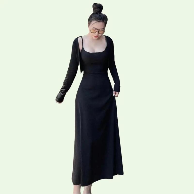 Set áo khoát và đầm hai dây xinh xắn thời thu đông Tay dài Trơn Có thể giặt bằng máy Nữ Dress Đen Thun