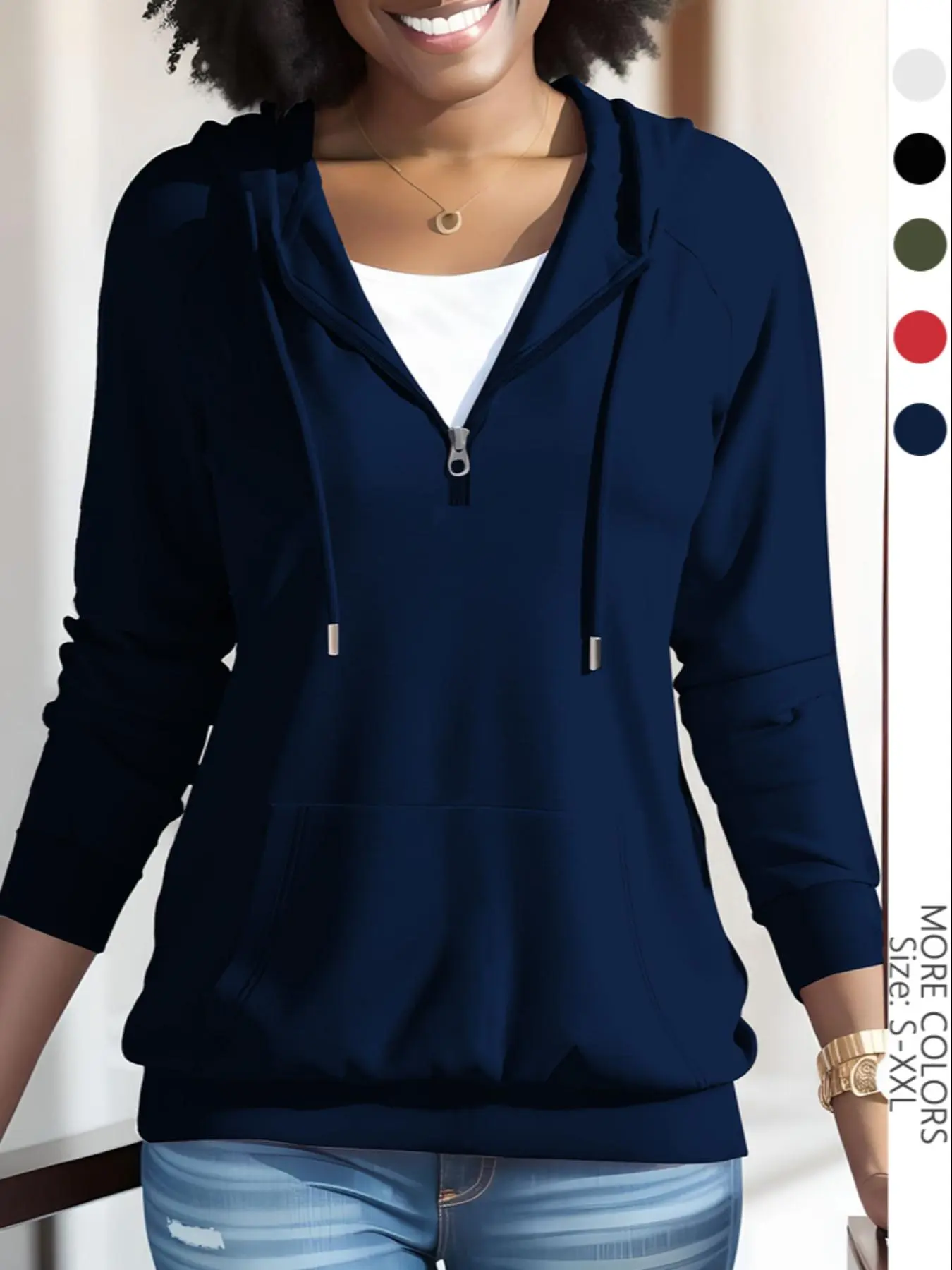 Women's Plain Drawstring Pocket Half Zip Hoodie, Casual Raglan Sleeve Hooded Sweatshirt for Fall & Winter, Women's Clothing for Daily Wear