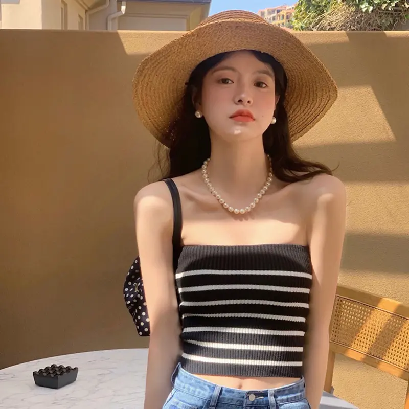 Women's Sleeveless Casual Vest, Horizontal Stripes Pattern Knitted Tank Tops, Ladies Slim-Fit Strapless Camisole Cotton Fashion
