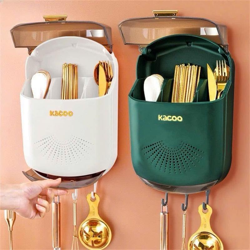 ￼Hộp đựng đũa muỗng treo tường kacoo thoáng khí ngăn ẩm mốc, Ống đựng đũa có nắp đậy chống côn trùng tích hợp móc treo Kitchen