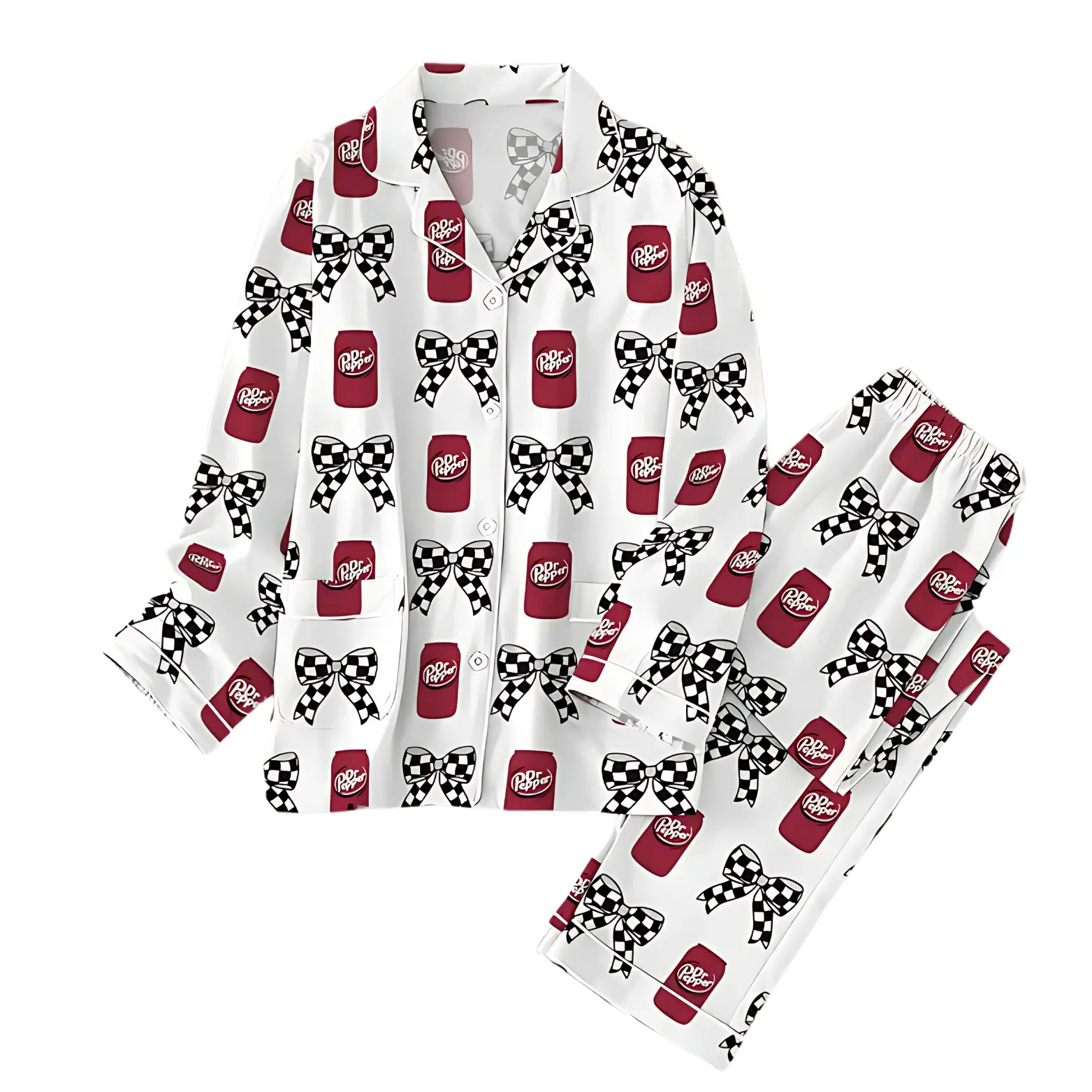 Dr Pepper Coquette Bow Pajamas Set, Diet Dr. Pepper Shirt, Drinking Womens Pyjamas, Beverage Sleepwear, Dr.Pepper Lovers Gift Loungewear Nightwear
