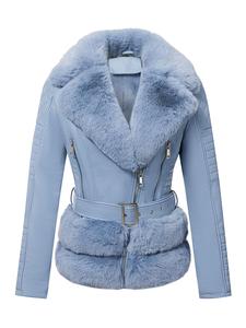 Women's Contrast Faux Fur Trim Belted Jacket, Casual Long Sleeve Zip Up Outerwear for Fall & Winter, Women's Coat, Ladies Clothes for Daily Wear