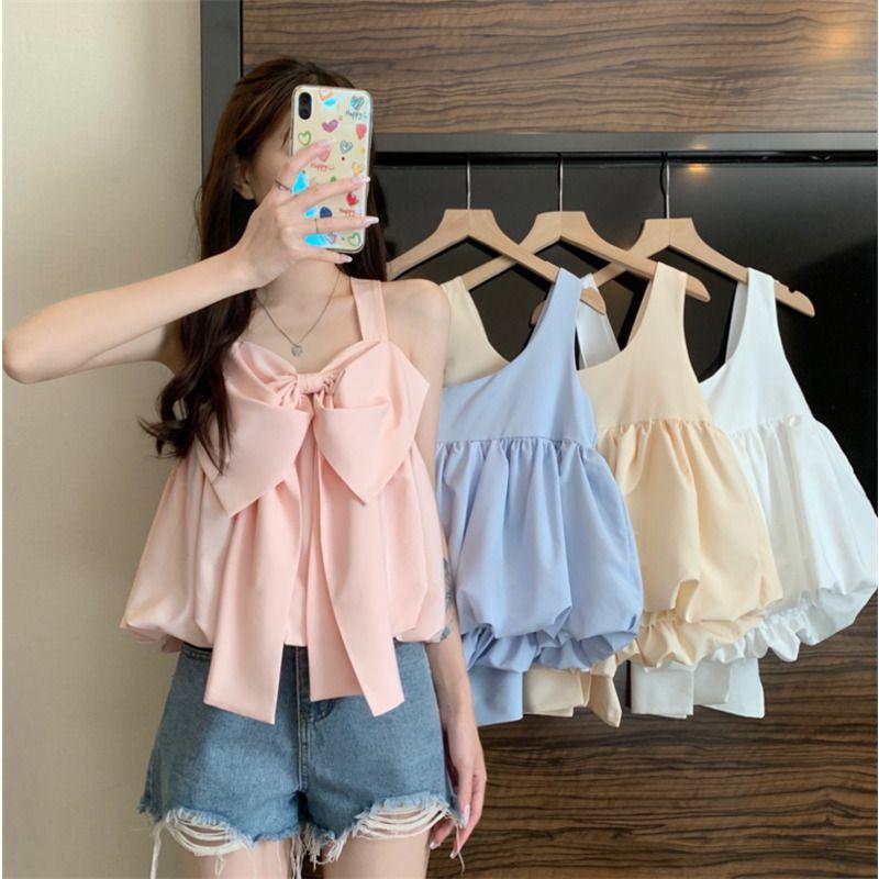 Tiktok Hot Sale French Sweet Bowknot Loose Small Sling Vest Women's Inner Wear Summer Niche Design Outer Wear Short Top 0