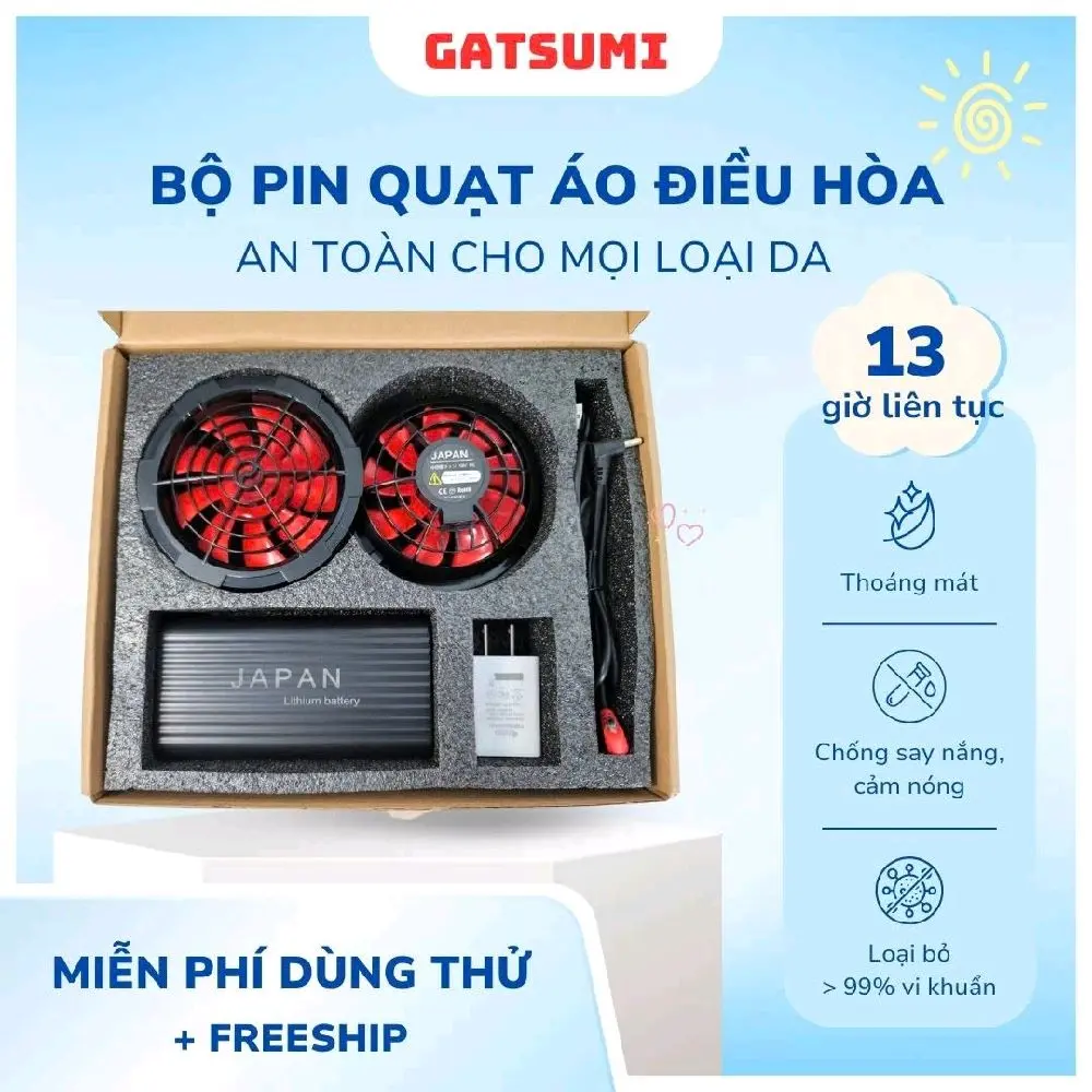 Bộ Pin Áo Điều Hòa Jap.an Gồm Pin 50.000mah 18V + 2 Quạt Gió 9 Cánh + Sạc Full Box Hoạt Động 12h - 24h Màn Hình Đồ Chơi Gatsumi