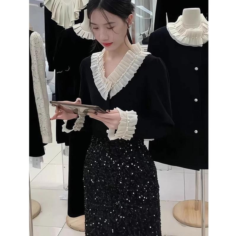 [ Bigsize 55-100kg] Áo nhung cổ bèo voan đính ngọc sang chảnh cầu kì 0