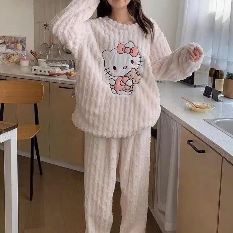 Product Introduction of [BL11] Bộ đồ lông Hello Kitty, Bộ ngủ Nữ lông giữ nhiệt, Bộ ngủ dài tay dày dặn ấm áp, Bộ Quần Áo lông cừu kiểu dáng cute Women, bộ ngủ Top Nhung Voi 6