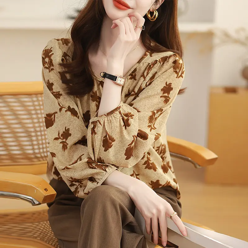 New Fashion High Quality Fabrics Loose 3/4 Sleeve Khaki Thailand Women Blouse Casual Travel Work Top Wanita Panjang Atasan 6