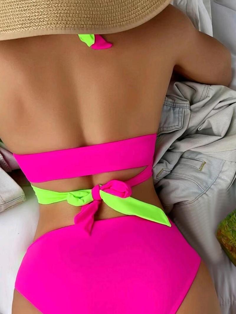Product Introduction of Women's 2pcs Colorblock Wrap Knot Halter Bikini Top & High Waist Bikini Bottom Bikinis for Summer 2024, Contrast Two-Tone 2 Piece Swimwear for Summer, Women's Swimsuit for Beach Holiday 9