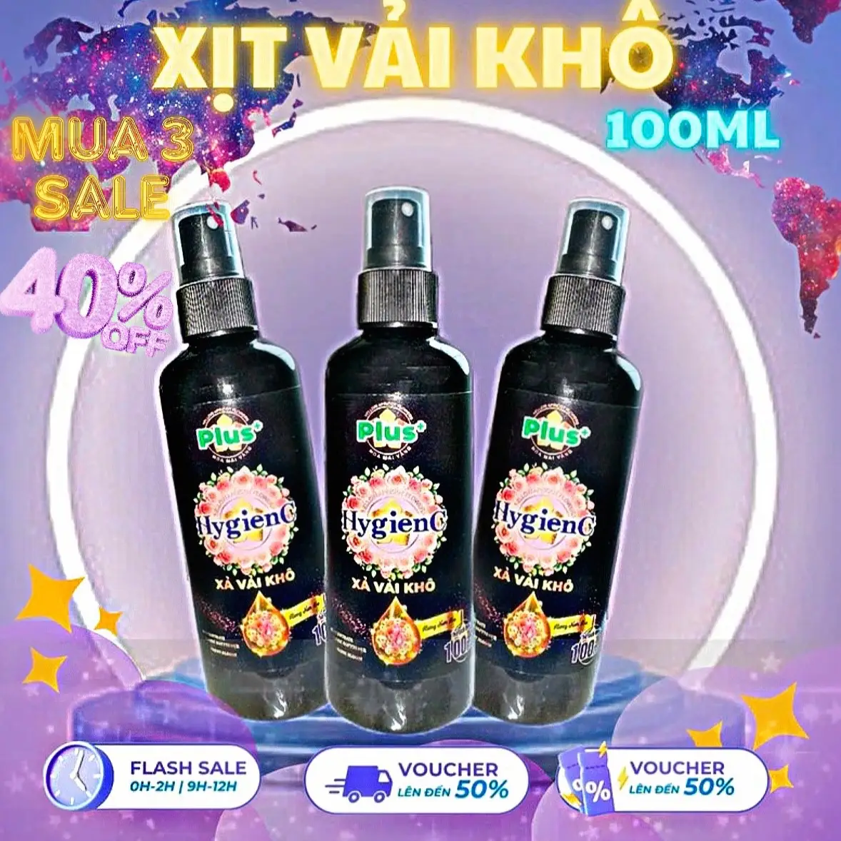 3 Chai Xịt Vải Khô Thơm Hygienc 100Ml - Làm Sạch Thơm Lưu Hương Lâu , Loại Bỏ Những Mùi Hôi Khó Chịu !