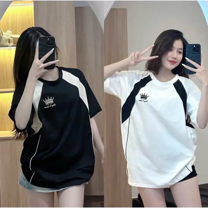 Korean Style Loose Short-sleeved Women's T-shirt Embroidered Korean Style Palace Couple Wear Full Sublimation Street Fashion Retro Jersey Loose Large Size Casual Women's Top