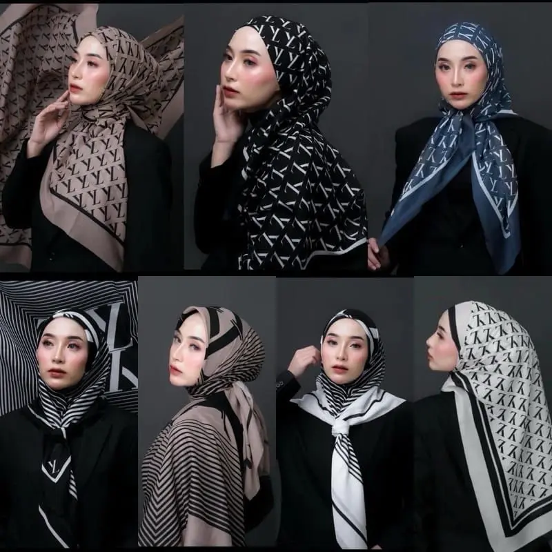 (LY ) Monogram Pattern Screaf LY Jilbab Segi Empat Voal Branded Premium kerudung  Hiijab  Voal Motif  Tulisan Lasercut