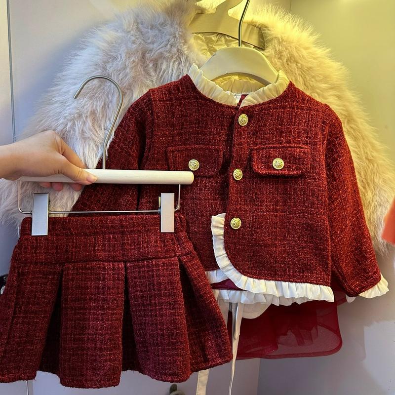 Bộ Ong Kis Sét dạ đỏ mận bèo cách điệu cho bé gái 10-30kg chất liệu dạ Tus mềm mại có lớp lót lụa bên trong áo