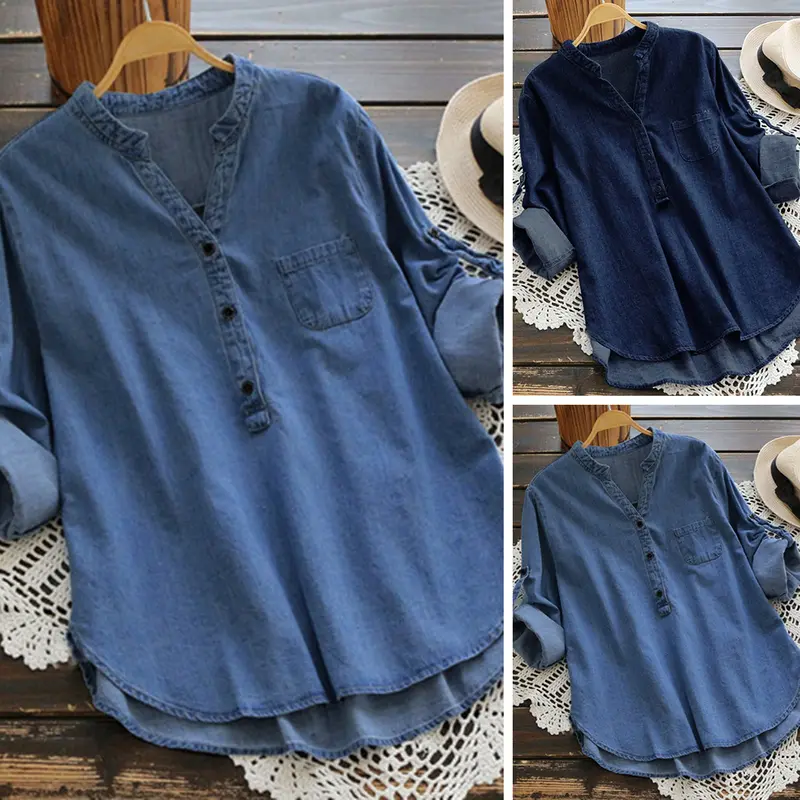 Gonpiny-Áo Sơ Mi Denim Màu Trơn Cho Nữ, Cổ Đứng Nhỏ, Nút Cổ Chữ V, Đường Viền Cổ Áo, Dài Tay, Dáng Rộng, Vừa Vặn, Áo, Thời Trang Dạo Phố 0