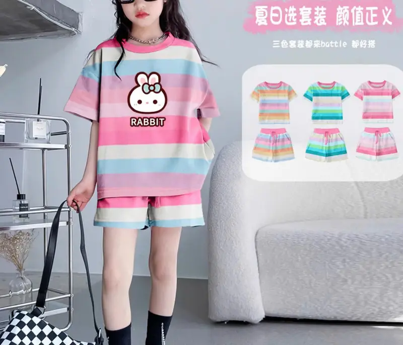 Bộ cộc tay bé gái mùa hè mẫu 7 sắc cầu vồng sz 9-45kg chất liệu tixi mềm mát 3