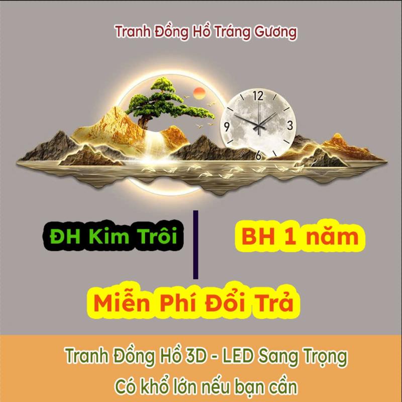 TRANH ĐỒNG HỒ LED 3D Tranh tráng gương treo phòng khách phòng làm việc có LED điện khổ liền tấm. Treo Tường Decor Tường Trang Trí Nhà