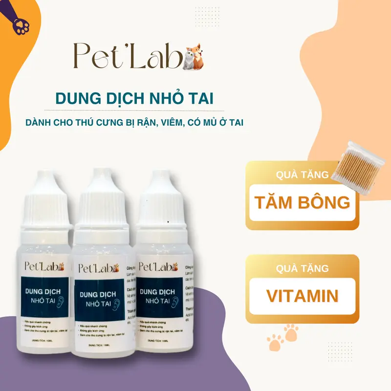Dung Dịch Nhỏ Rận Tai Cho Chó Mèo PET'LAB có tác dụng làm sạch tai, xử lý rận tai, viêm tai [ Mua 4 lọ tặng 1 lọ ] tặng kèm vitamin + tăm bông. 3