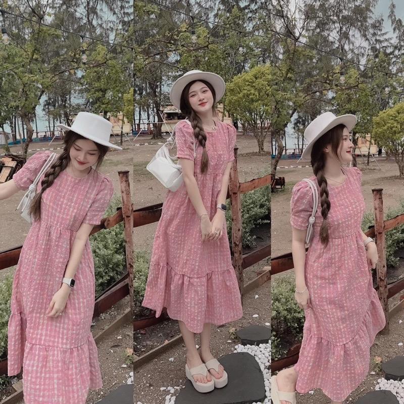 Váy V59 Đầm babydoll Đuôi Cá Kẻ Hồng Tay Bồng